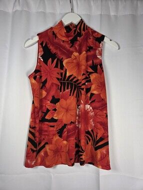 Kathy Ireland Women's L Red Tropical Floral Sleeveless Mock Stretch Turtleneck